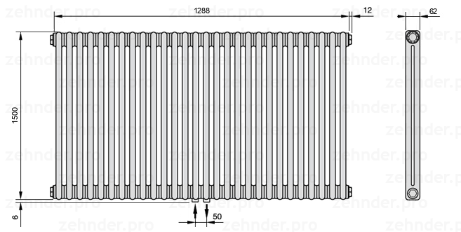 Схема (чертеж) Радиатор Zehnder Charleston 2150/28 №3470 Белый глянцевый RAL 9016